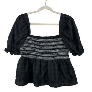 Dizzy Lizzy Size L Blouse Black Smocked Puff Sleeve Peplum Square Neck Women